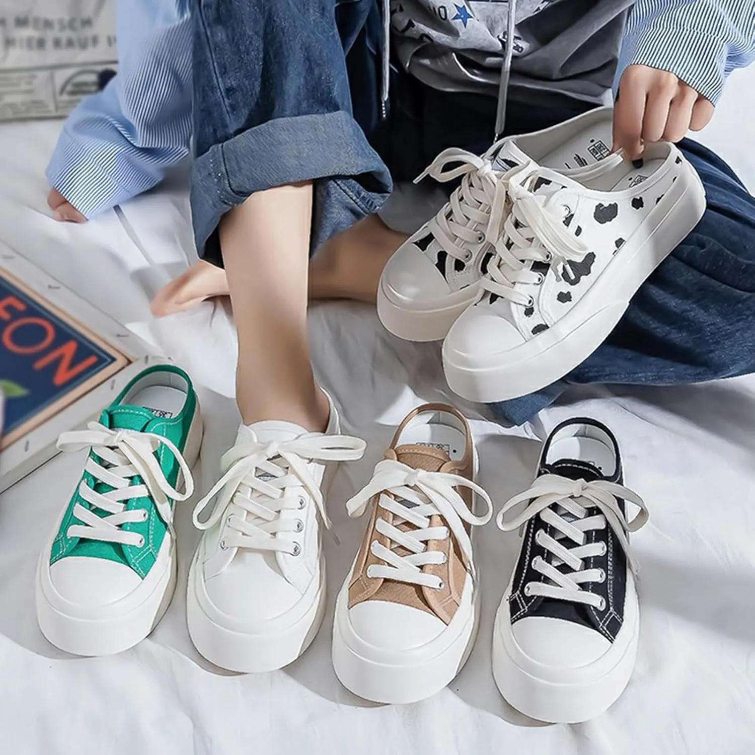 2025 Women Canvas Mules Memory Foam Clipper Fashion Sneakers Comfortable Slip-On Backless Holiday,Comfortable Casual Shoes,Slip on Mules Sneakers