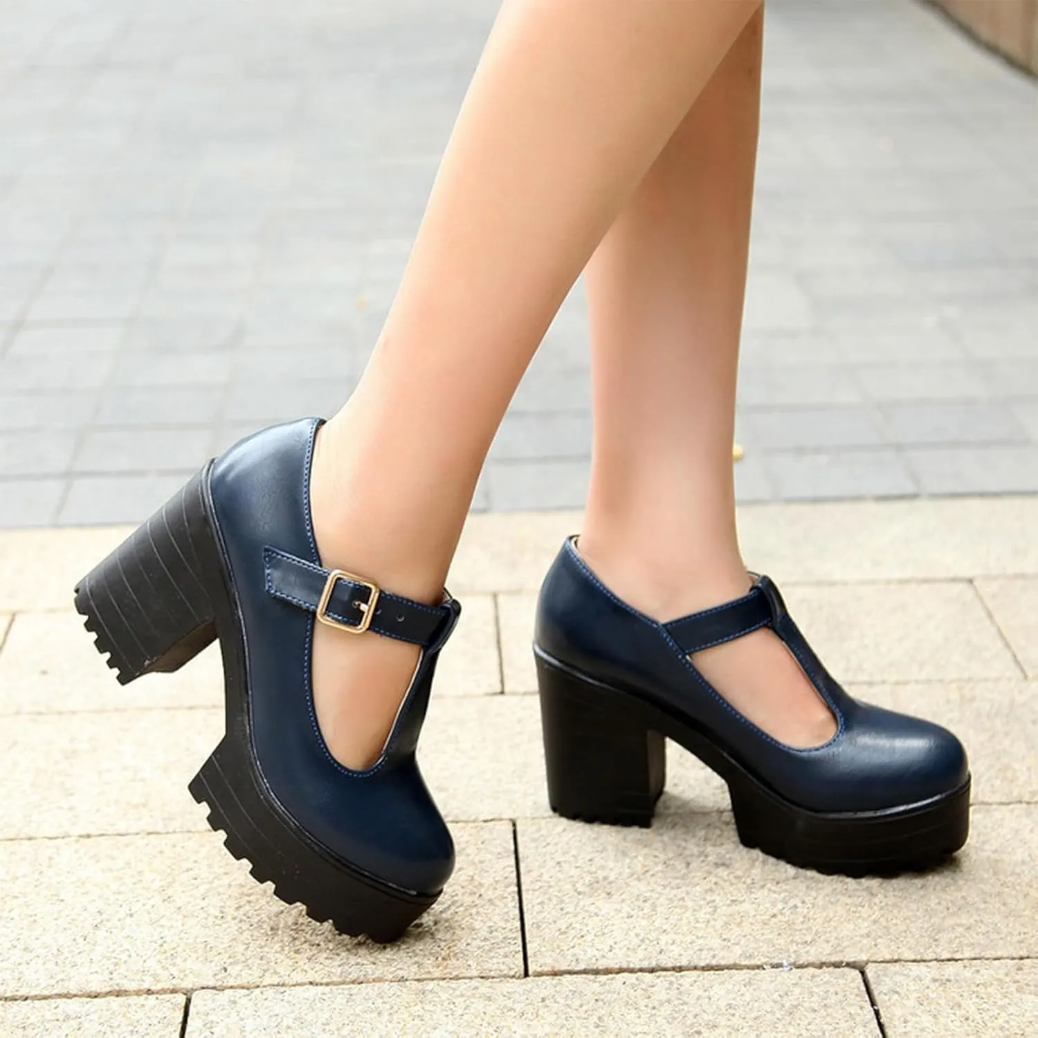 Aceptolcom Women's Leather T Strap Mary Jane Wedges Platform Loafers Comfortable Casual Buckle Strap Chunky Heel Office Shoes Dress Shoes