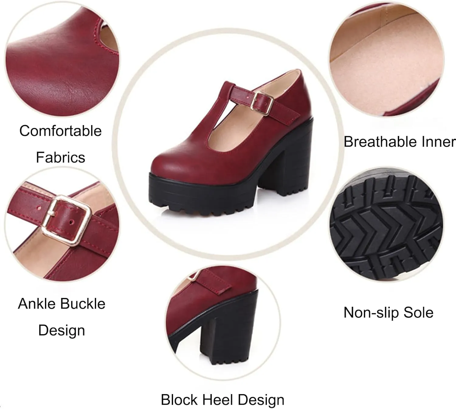 Aceptolcom Women's Leather T Strap Mary Jane Wedges Platform Loafers Comfortable Casual Buckle Strap Chunky Heel Office Shoes Dress Shoes
