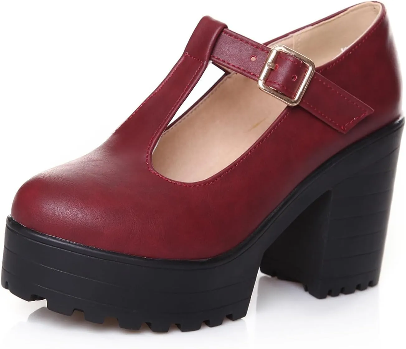 Aceptolcom Women's Leather T Strap Mary Jane Wedges Platform Loafers Comfortable Casual Buckle Strap Chunky Heel Office Shoes Dress Shoes