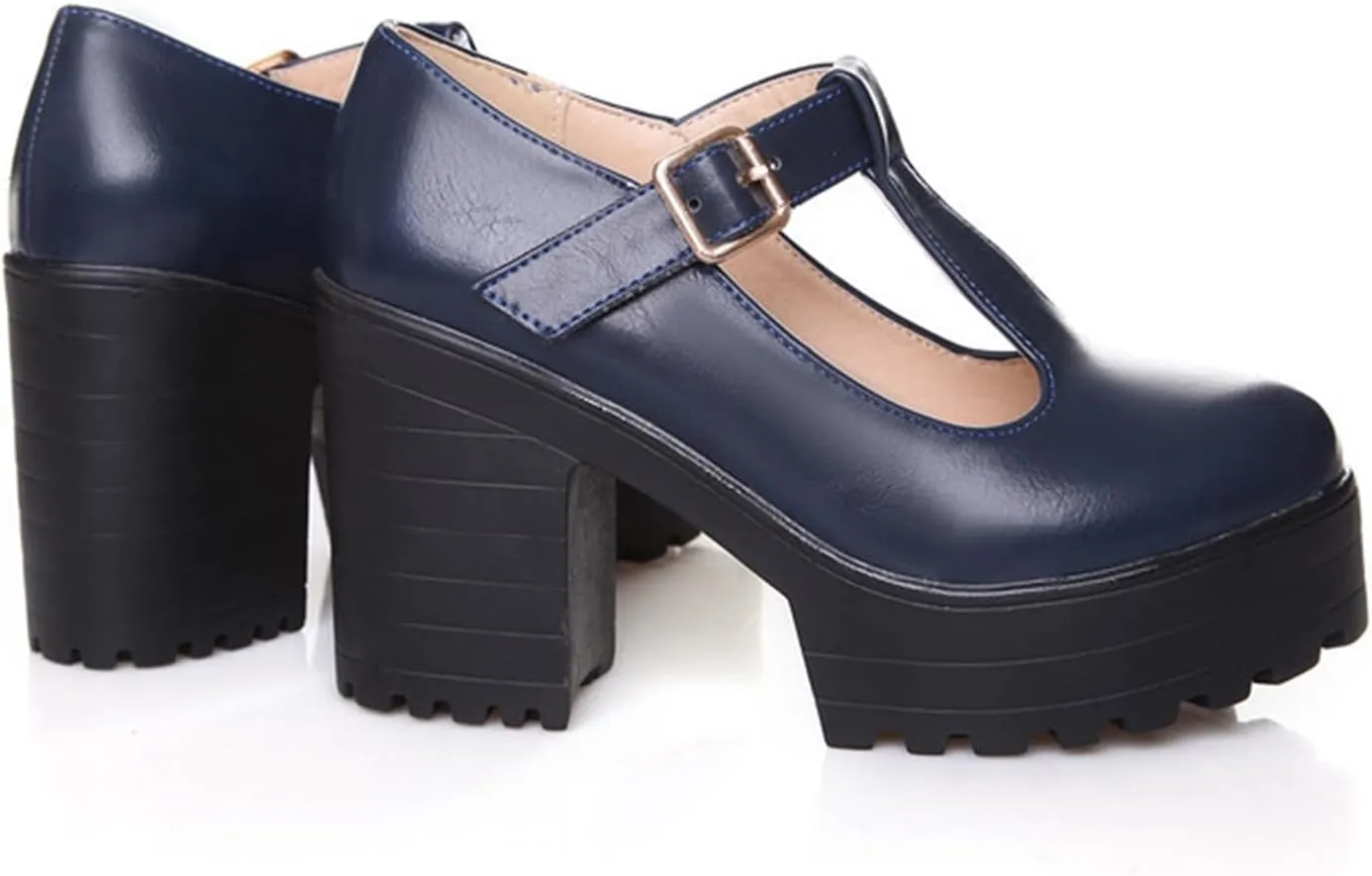 Aceptolcom Women's Leather T Strap Mary Jane Wedges Platform Loafers Comfortable Casual Buckle Strap Chunky Heel Office Shoes Dress Shoes