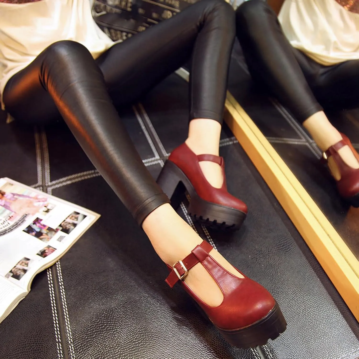 Aceptolcom Women's Leather T Strap Mary Jane Wedges Platform Loafers Comfortable Casual Buckle Strap Chunky Heel Office Shoes Dress Shoes