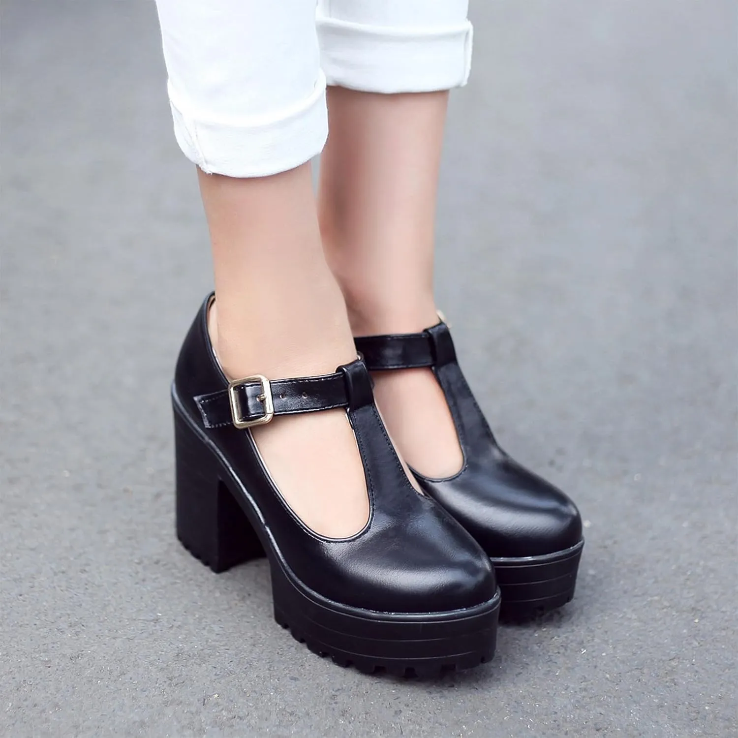 Aceptolcom Women's Leather T Strap Mary Jane Wedges Platform Loafers Comfortable Casual Buckle Strap Chunky Heel Office Shoes Dress Shoes