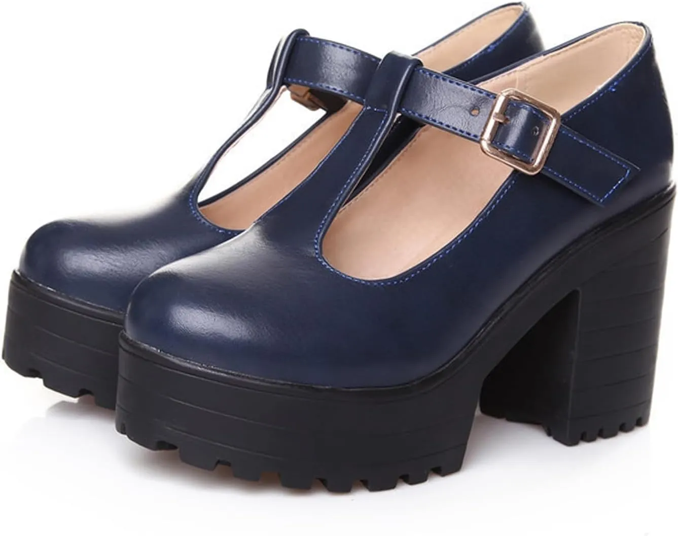 Aceptolcom Women's Leather T Strap Mary Jane Wedges Platform Loafers Comfortable Casual Buckle Strap Chunky Heel Office Shoes Dress Shoes