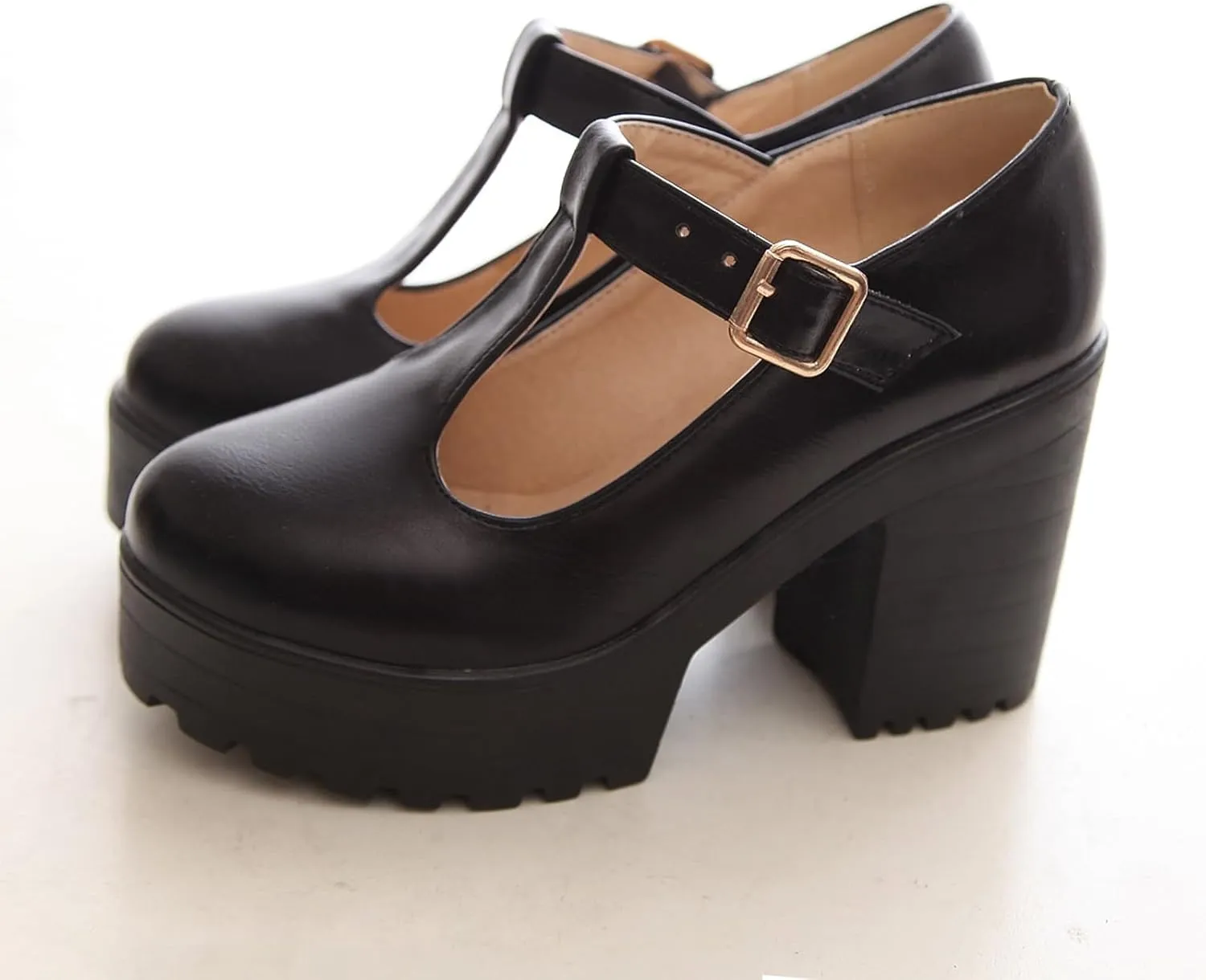 Aceptolcom Women's Leather T Strap Mary Jane Wedges Platform Loafers Comfortable Casual Buckle Strap Chunky Heel Office Shoes Dress Shoes