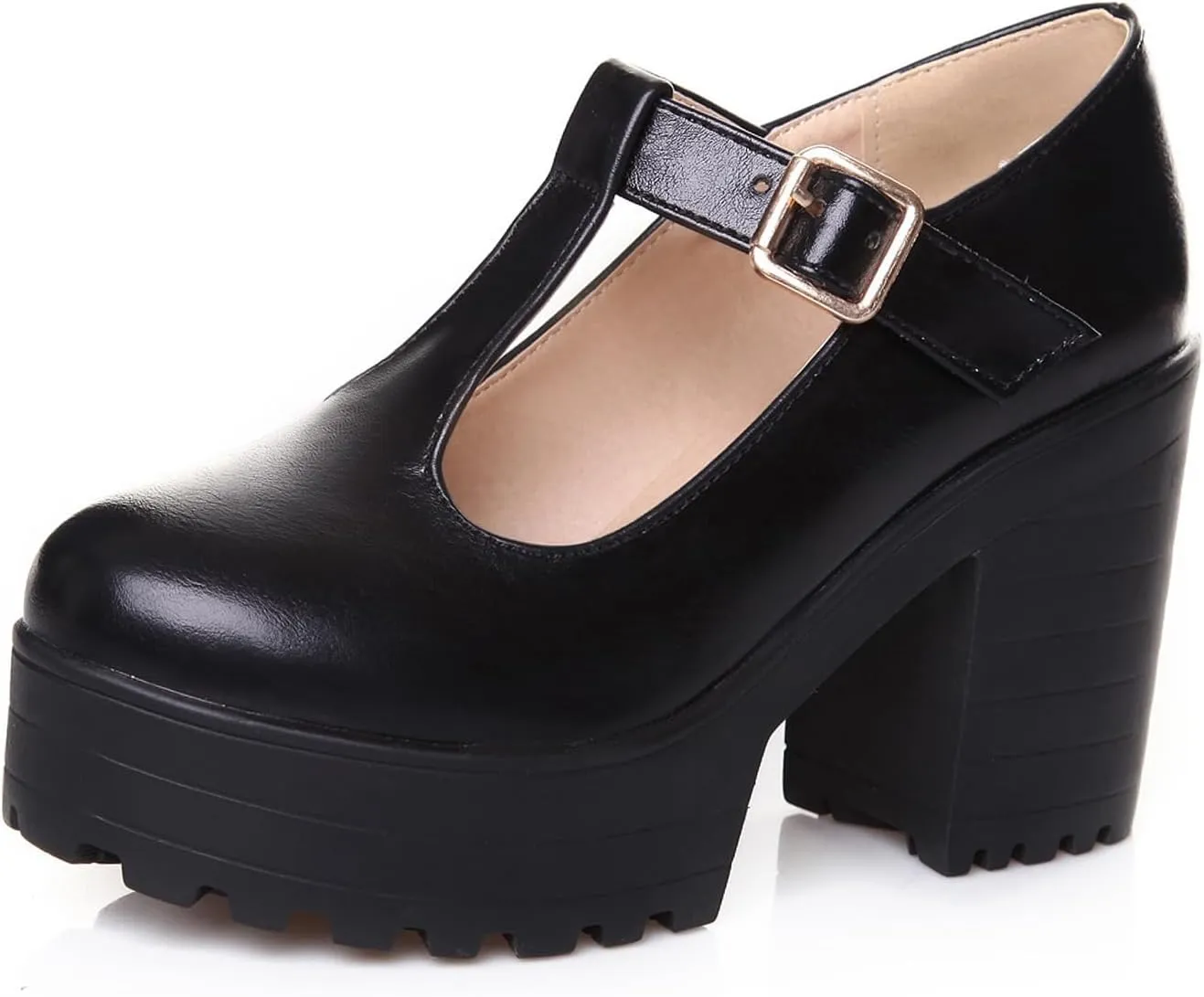 Aceptolcom Women's Leather T Strap Mary Jane Wedges Platform Loafers Comfortable Casual Buckle Strap Chunky Heel Office Shoes Dress Shoes