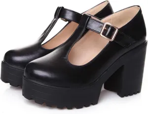 Aceptolcom Women's Leather T Strap Mary Jane Wedges Platform Loafers Comfortable Casual Buckle Strap Chunky Heel Office Shoes Dress Shoes