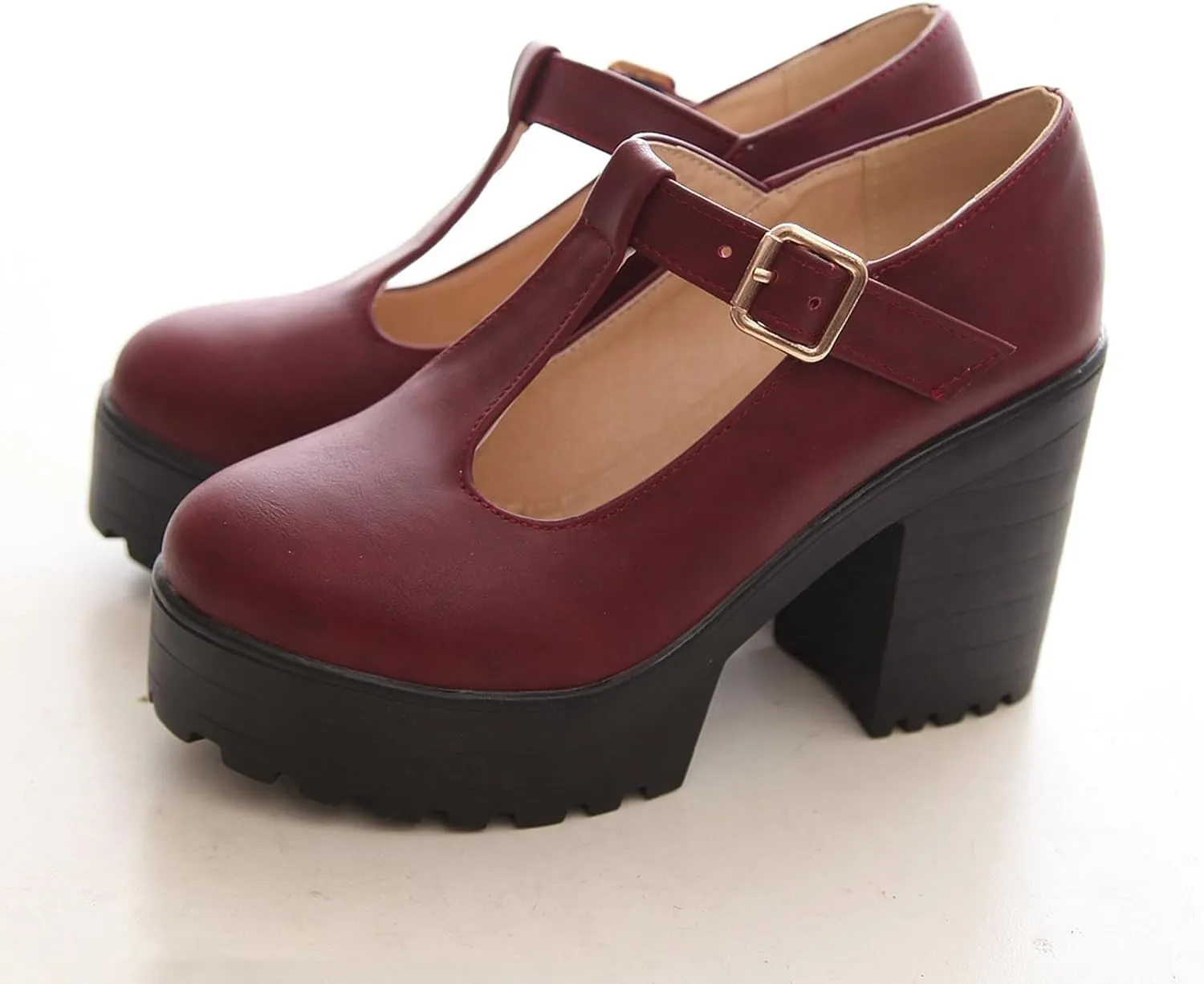 Aceptolcom Women's Leather T Strap Mary Jane Wedges Platform Loafers Comfortable Casual Buckle Strap Chunky Heel Office Shoes Dress Shoes