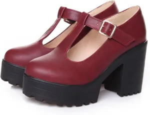 Aceptolcom Women's Leather T Strap Mary Jane Wedges Platform Loafers Comfortable Casual Buckle Strap Chunky Heel Office Shoes Dress Shoes