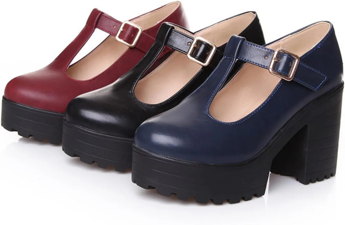 Aceptolcom Women's Leather T Strap Mary Jane Wedges Platform Loafers Comfortable Casual Buckle Strap Chunky Heel Office Shoes Dress Shoes