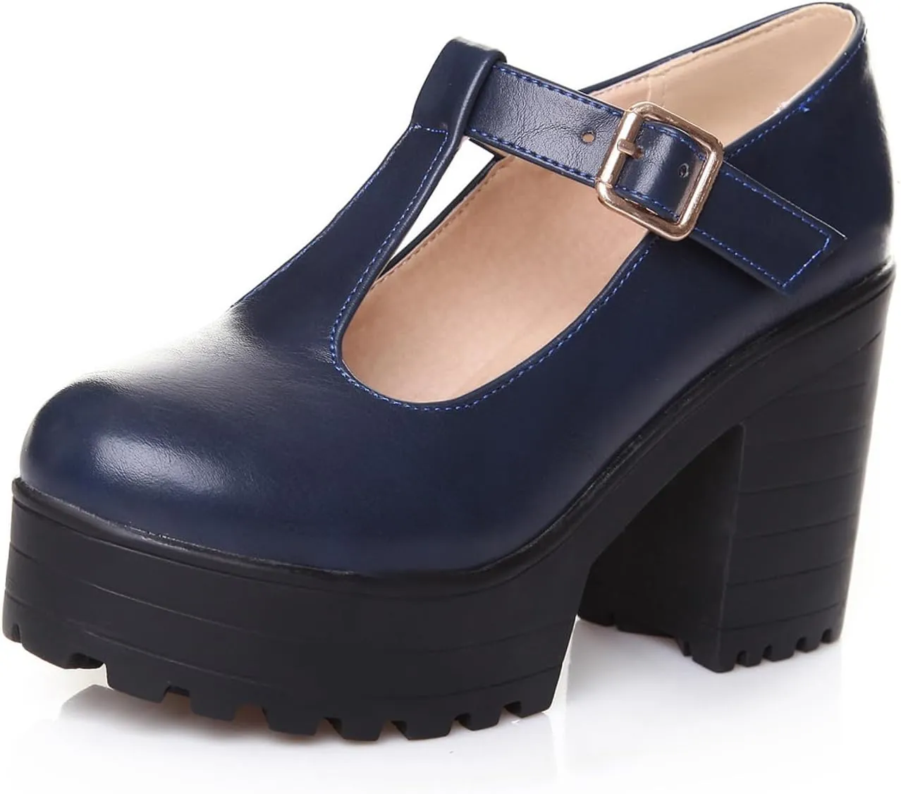 Aceptolcom Women's Leather T Strap Mary Jane Wedges Platform Loafers Comfortable Casual Buckle Strap Chunky Heel Office Shoes Dress Shoes