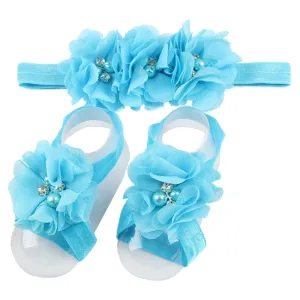 Baby girls infant crochet butterfly headbands and knitted flower barefoot sandals.(BBFJ3) (Blue)