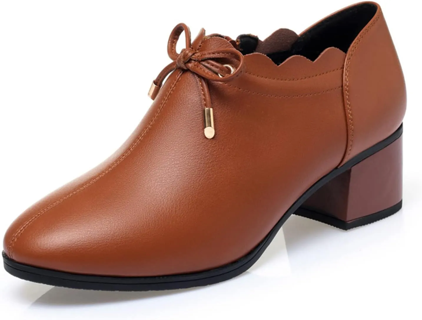 bbruriy Women's Casual Block Heeled Mary Janes Shoes Decorated with Bow Slip on Chunky Low Heels Round Toe Pumps Soft Leather Side Zipper Loafers