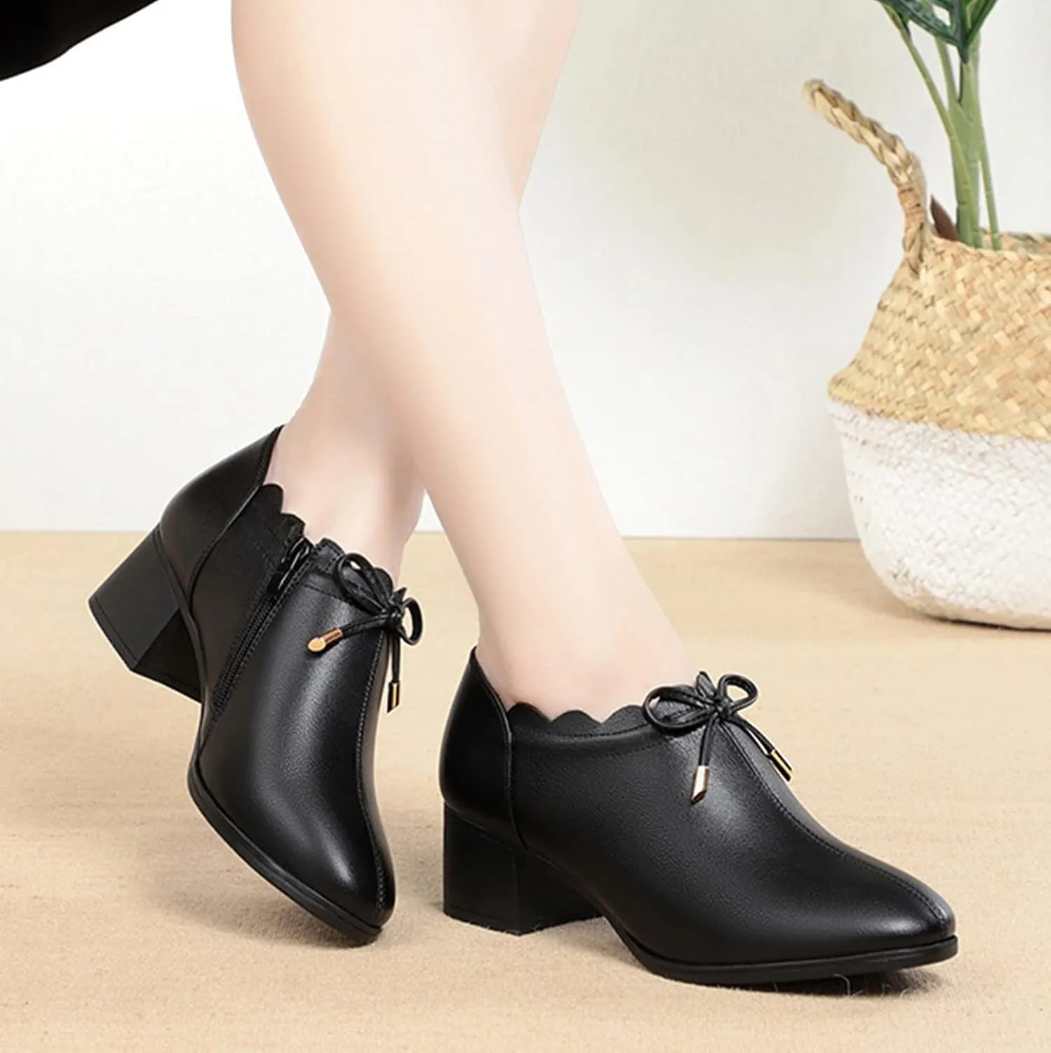 bbruriy Women's Casual Block Heeled Mary Janes Shoes Decorated with Bow Slip on Chunky Low Heels Round Toe Pumps Soft Leather Side Zipper Loafers