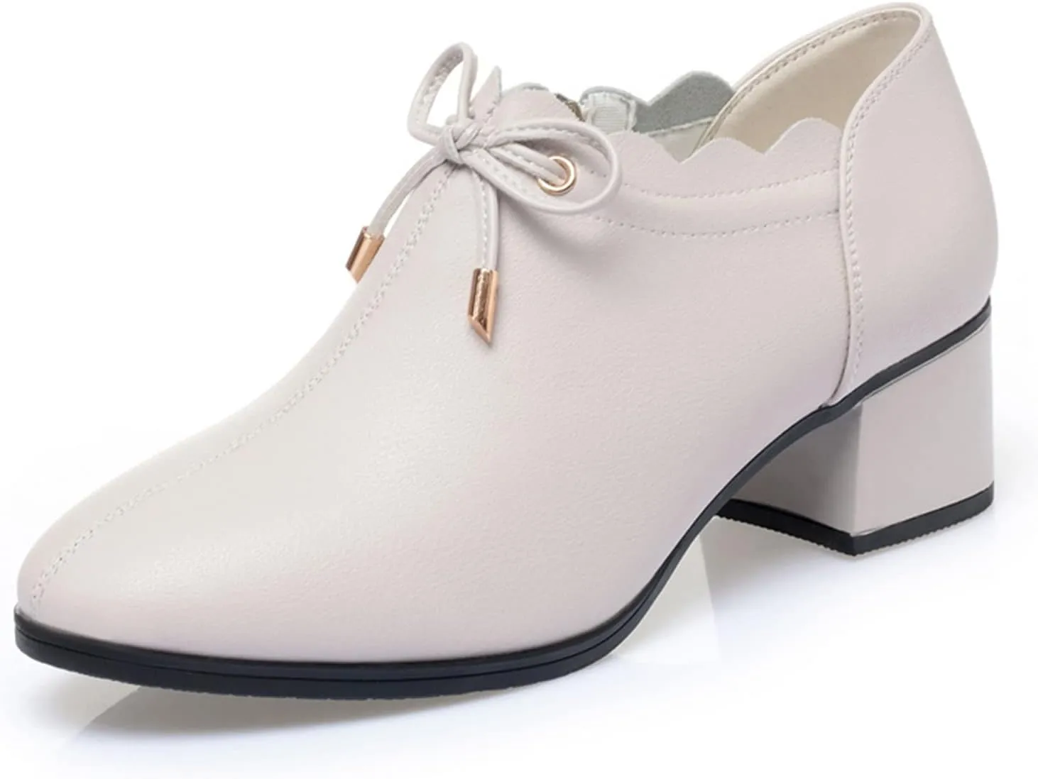 bbruriy Women's Casual Block Heeled Mary Janes Shoes Decorated with Bow Slip on Chunky Low Heels Round Toe Pumps Soft Leather Side Zipper Loafers