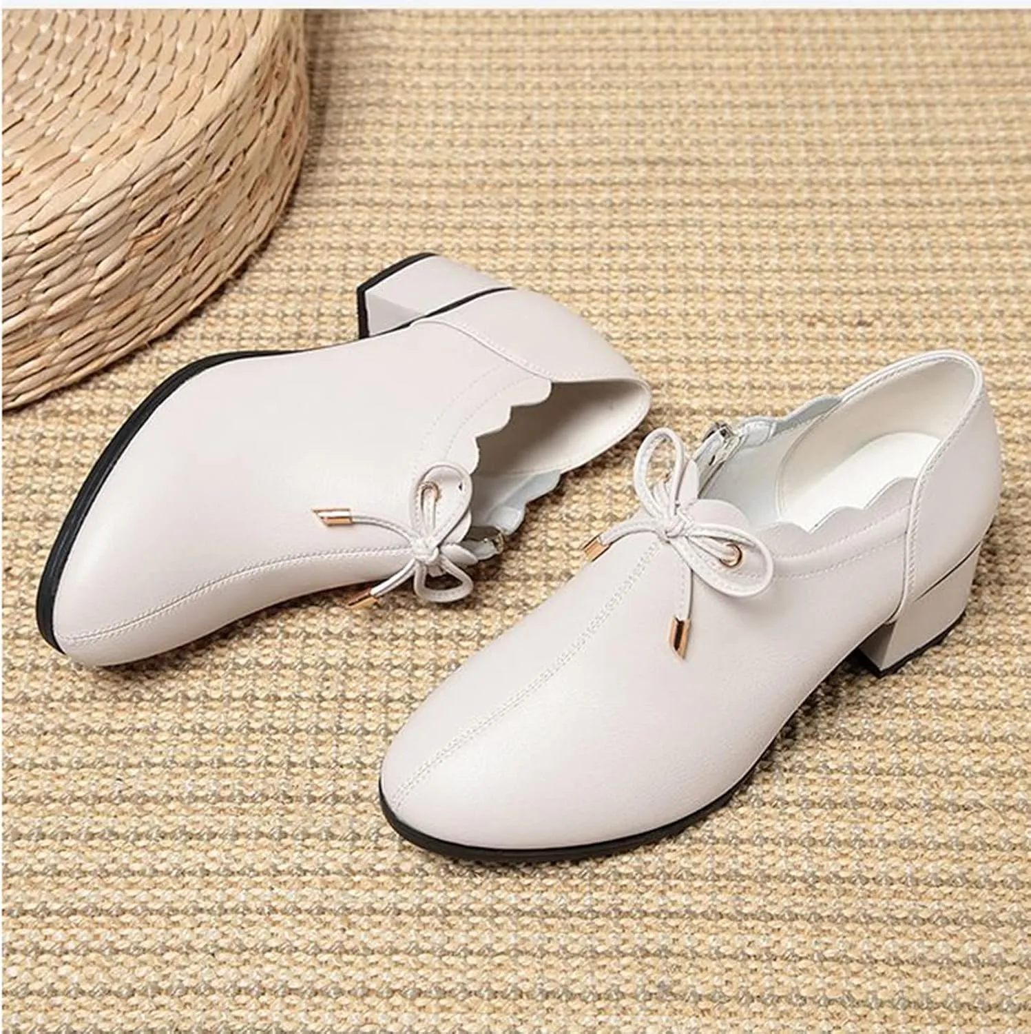 bbruriy Women's Casual Block Heeled Mary Janes Shoes Decorated with Bow Slip on Chunky Low Heels Round Toe Pumps Soft Leather Side Zipper Loafers