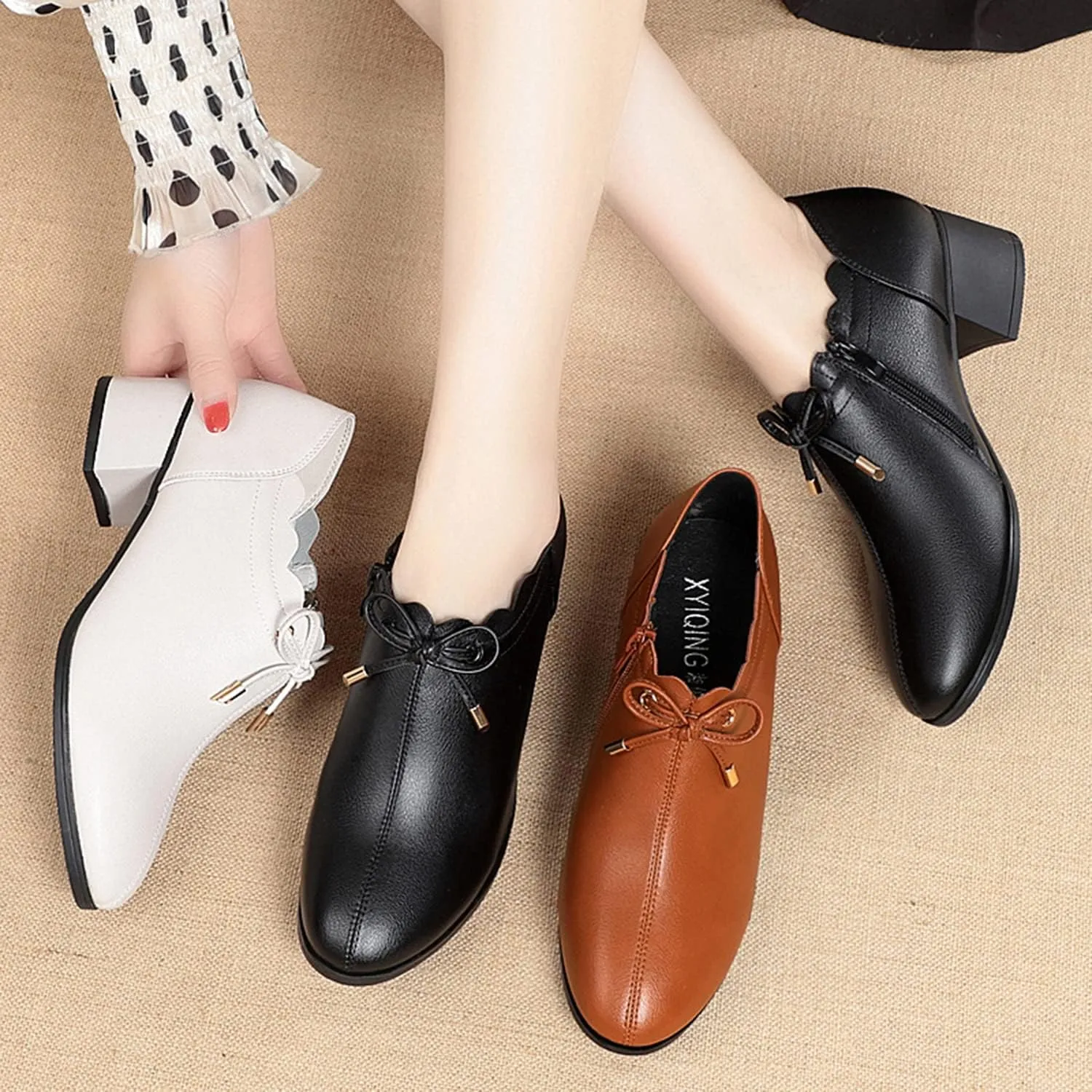 bbruriy Women's Casual Block Heeled Mary Janes Shoes Decorated with Bow Slip on Chunky Low Heels Round Toe Pumps Soft Leather Side Zipper Loafers