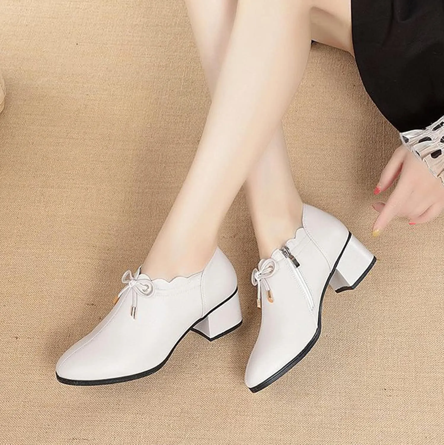 bbruriy Women's Casual Block Heeled Mary Janes Shoes Decorated with Bow Slip on Chunky Low Heels Round Toe Pumps Soft Leather Side Zipper Loafers