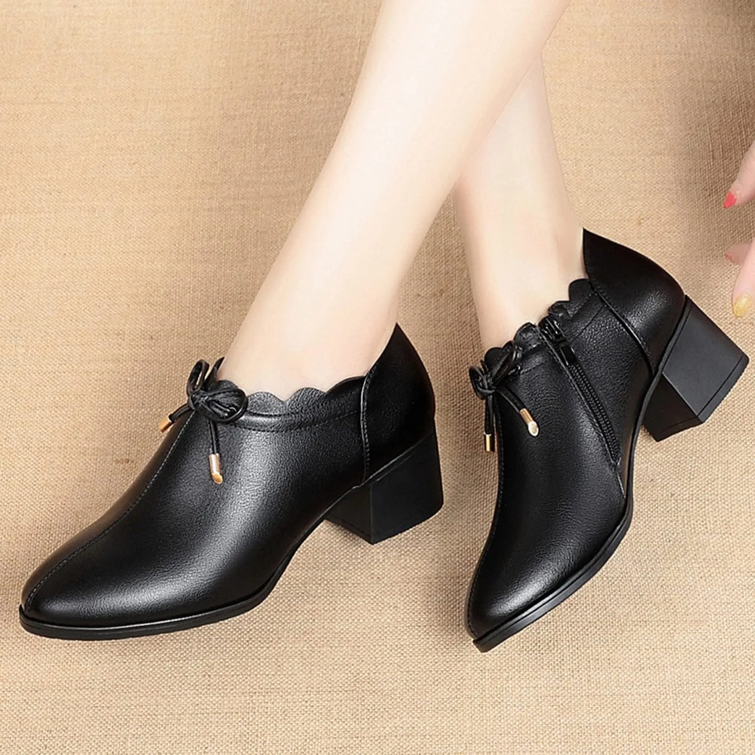 bbruriy Women's Casual Block Heeled Mary Janes Shoes Decorated with Bow Slip on Chunky Low Heels Round Toe Pumps Soft Leather Side Zipper Loafers