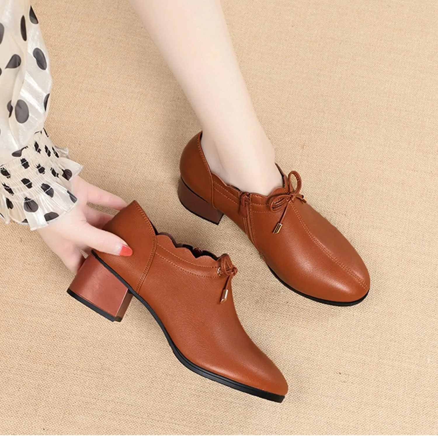 bbruriy Women's Casual Block Heeled Mary Janes Shoes Decorated with Bow Slip on Chunky Low Heels Round Toe Pumps Soft Leather Side Zipper Loafers