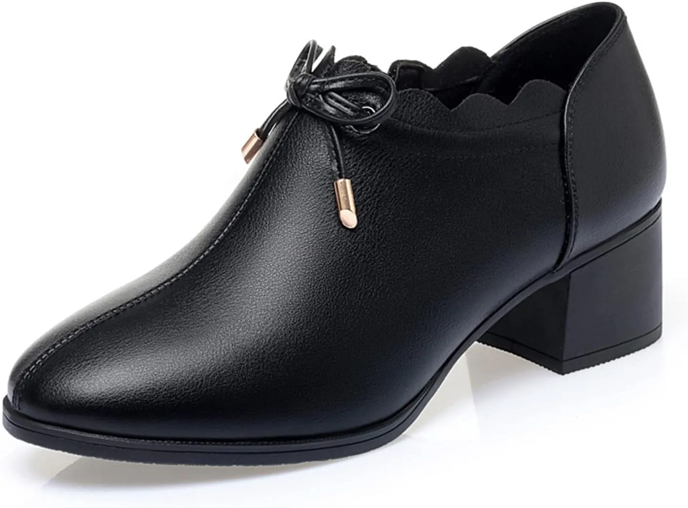 bbruriy Women's Casual Block Heeled Mary Janes Shoes Decorated with Bow Slip on Chunky Low Heels Round Toe Pumps Soft Leather Side Zipper Loafers