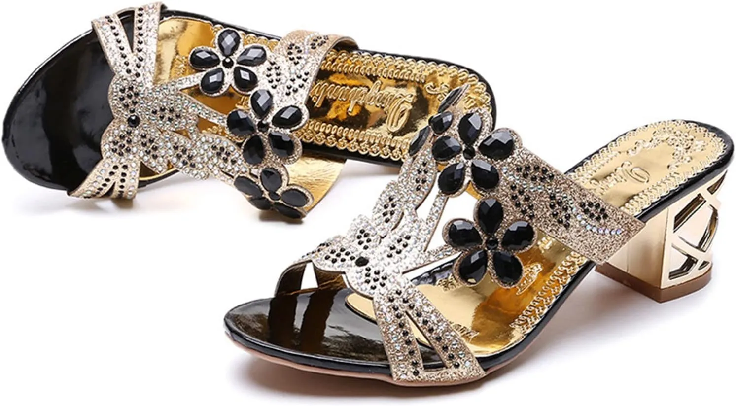 Block Heels for Women Open Toe Mid Heel Sandals Wedding Rhinestone Flower Sandal Summer Block Mid Heels Shoes 2025