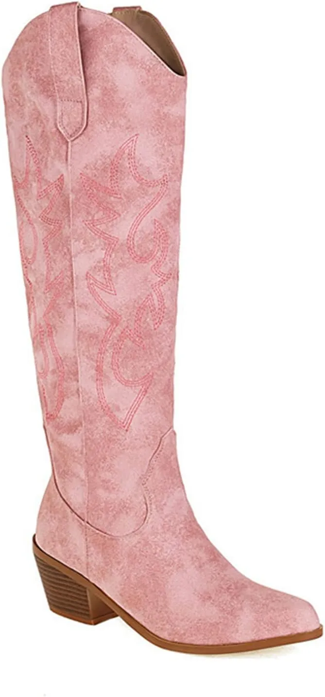Boots For Women Fashion Dressy Low Heel Cowboy Western Cowgirl Boots Fashion Retro Classic Knee High Embroidered Boots