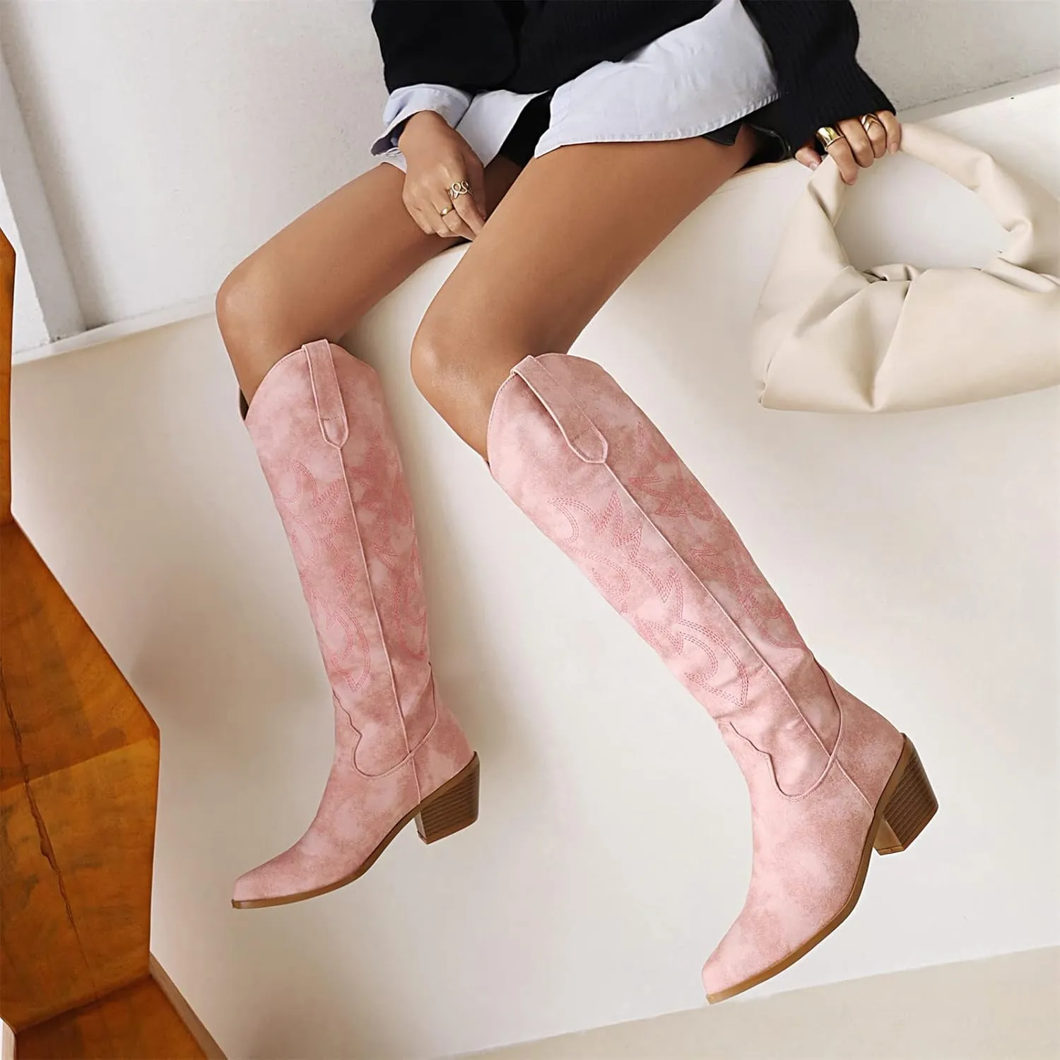 Boots For Women Fashion Dressy Low Heel Cowboy Western Cowgirl Boots Fashion Retro Classic Knee High Embroidered Boots