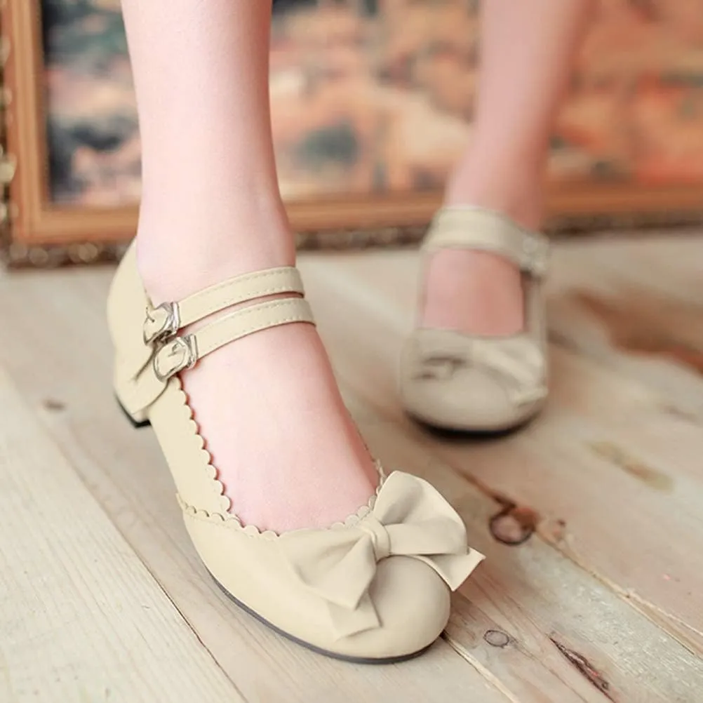 Caradise Womens Sweet Bow Shoes Mid Heel Chunky Mary Janes Double Strap Pumps