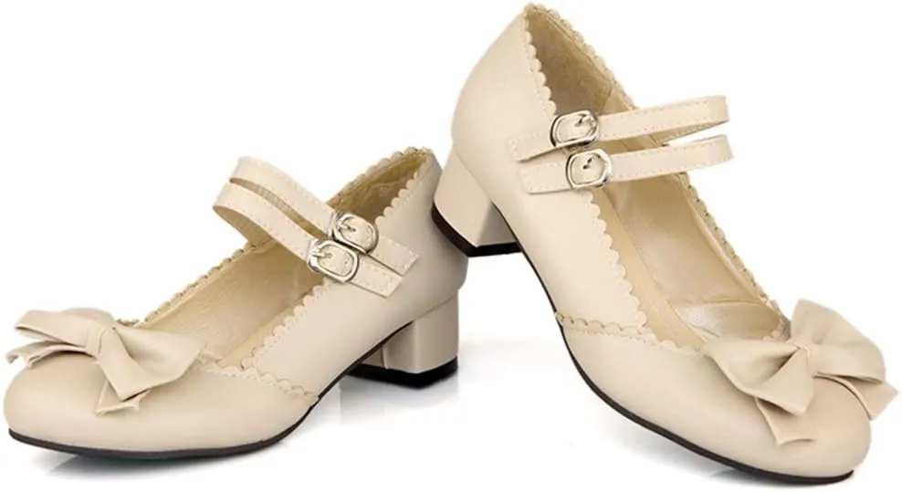 Caradise Womens Sweet Bow Shoes Mid Heel Chunky Mary Janes Double Strap Pumps
