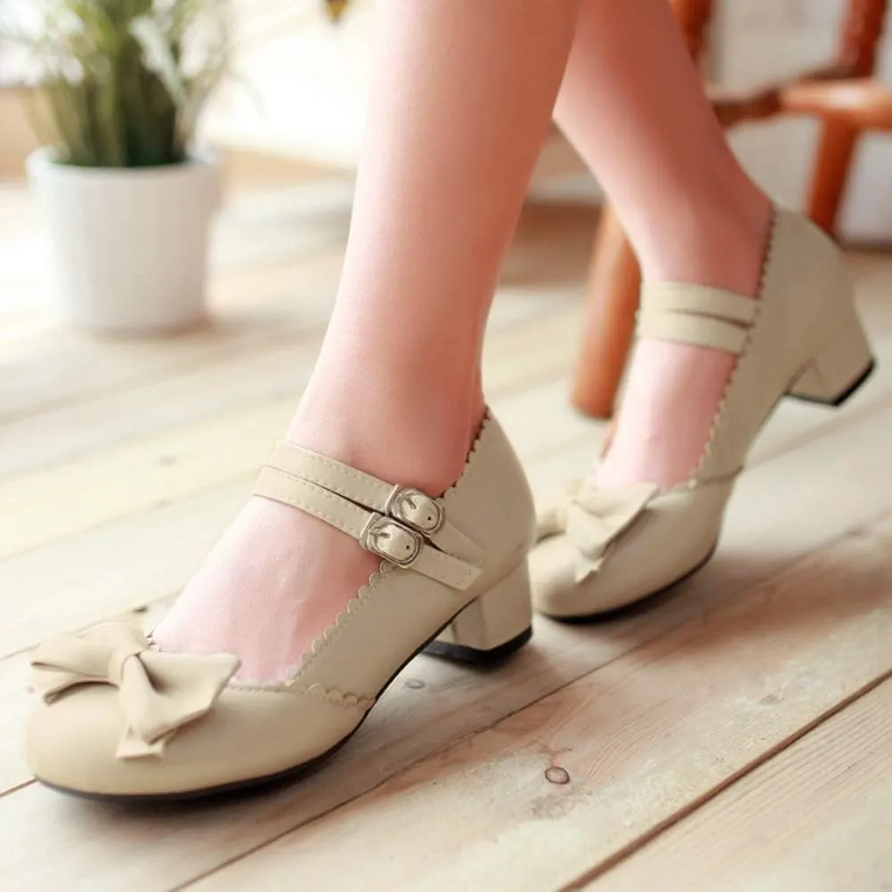 Caradise Womens Sweet Bow Shoes Mid Heel Chunky Mary Janes Double Strap Pumps