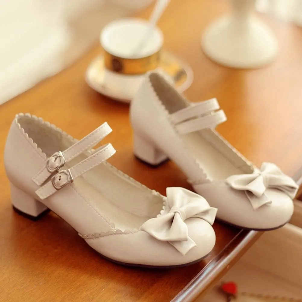 Caradise Womens Sweet Bow Shoes Mid Heel Chunky Mary Janes Double Strap Pumps