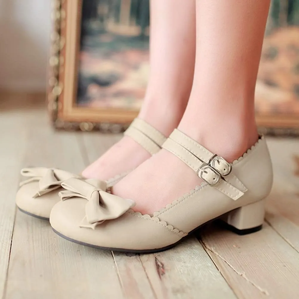 Caradise Womens Sweet Bow Shoes Mid Heel Chunky Mary Janes Double Strap Pumps