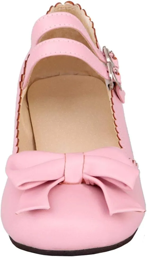 Caradise Womens Sweet Bow Shoes Mid Heel Chunky Mary Janes Double Strap Pumps