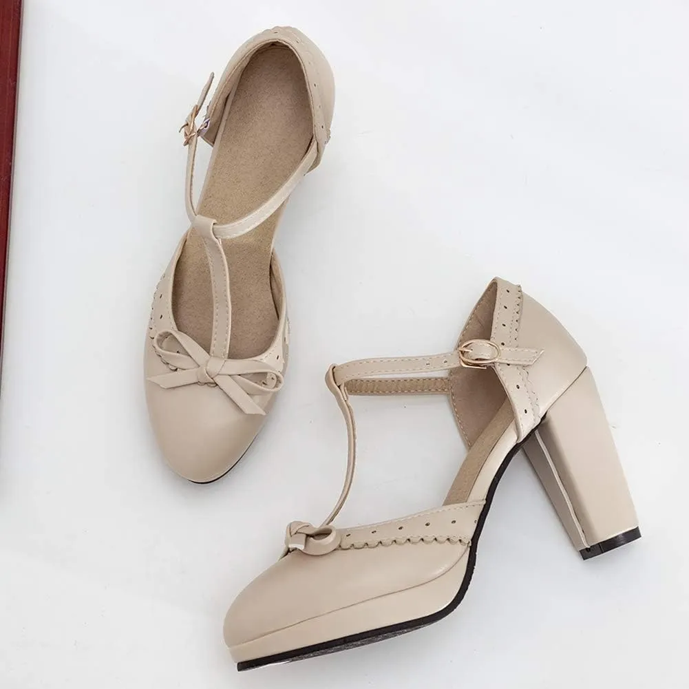 Caradise Womes T Strap Platform Heels Chunky Heeled Mary Janes Heels with Bow Pumps