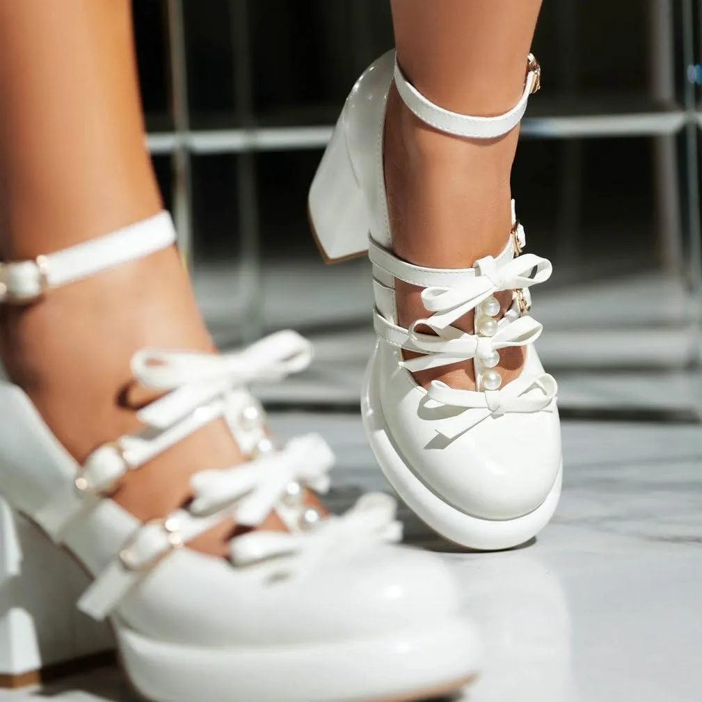 Caradise Womes T Strap Platform Heels Chunky Heeled Mary Janes Heels with Bow Pumps