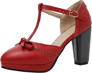 Caradise Womes T Strap Platform Heels Chunky Heeled Mary Janes Heels with Bow Pumps