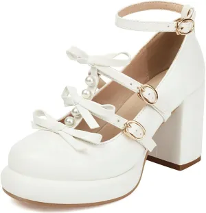 Caradise Womes T Strap Platform Heels Chunky Heeled Mary Janes Heels with Bow Pumps