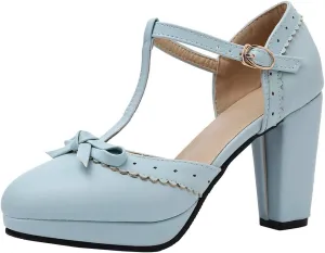 Caradise Womes T Strap Platform Heels Chunky Heeled Mary Janes Heels with Bow Pumps