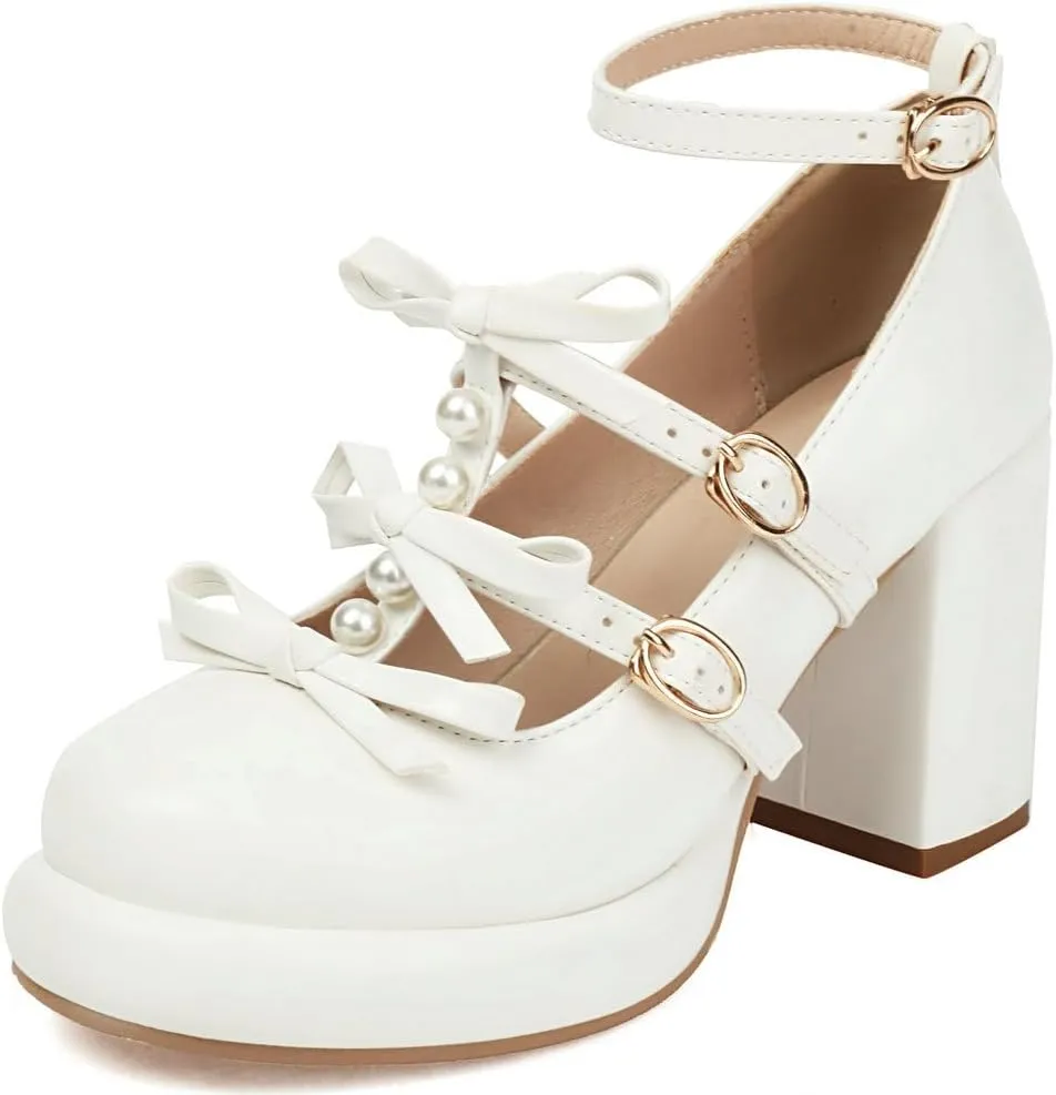 Caradise Womes T Strap Platform Heels Chunky Heeled Mary Janes Heels with Bow Pumps