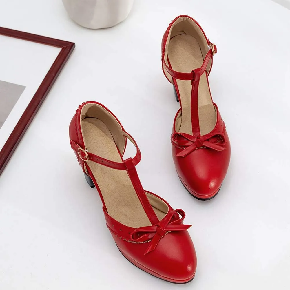 Caradise Womes T Strap Platform Heels Chunky Heeled Mary Janes Heels with Bow Pumps