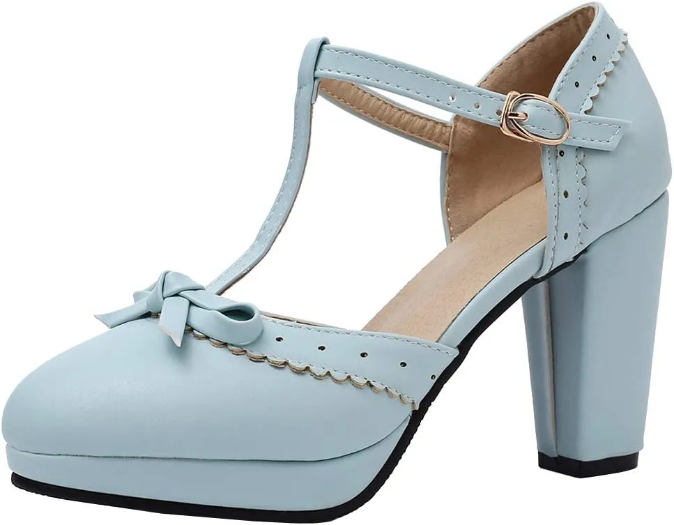 Caradise Womes T Strap Platform Heels Chunky Heeled Mary Janes Heels with Bow Pumps