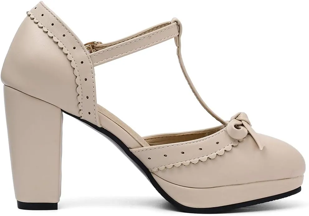 Caradise Womes T Strap Platform Heels Chunky Heeled Mary Janes Heels with Bow Pumps