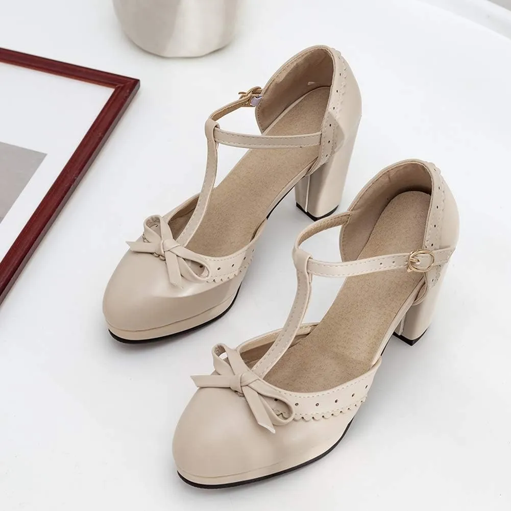 Caradise Womes T Strap Platform Heels Chunky Heeled Mary Janes Heels with Bow Pumps