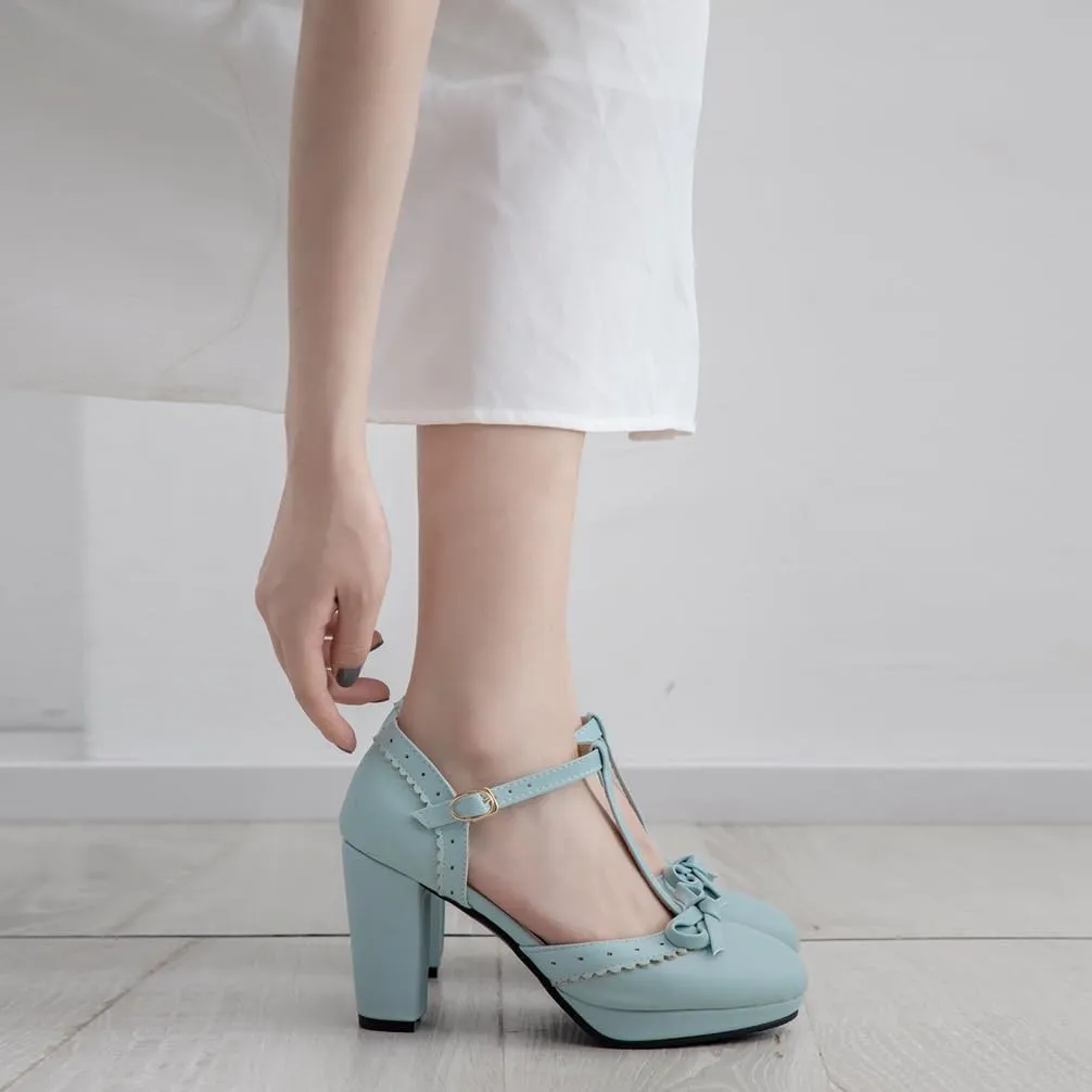 Caradise Womes T Strap Platform Heels Chunky Heeled Mary Janes Heels with Bow Pumps