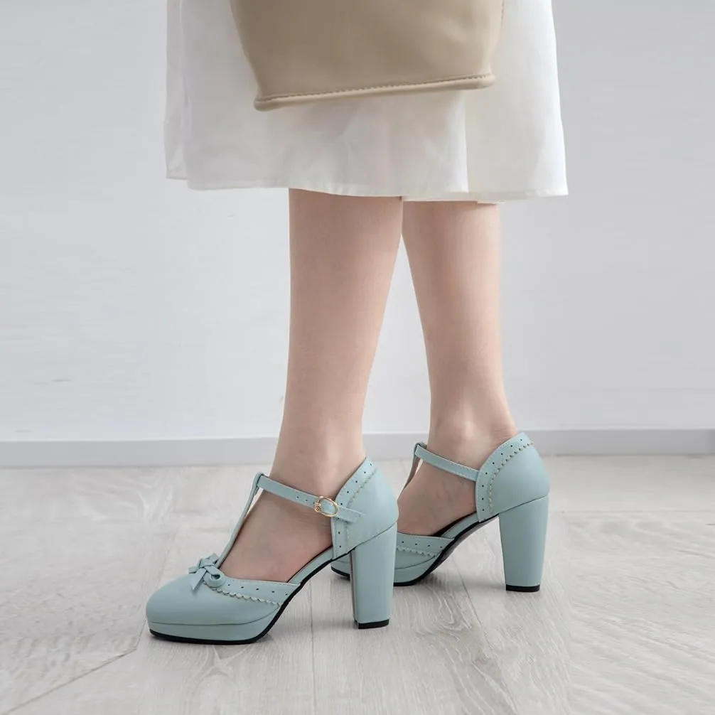 Caradise Womes T Strap Platform Heels Chunky Heeled Mary Janes Heels with Bow Pumps
