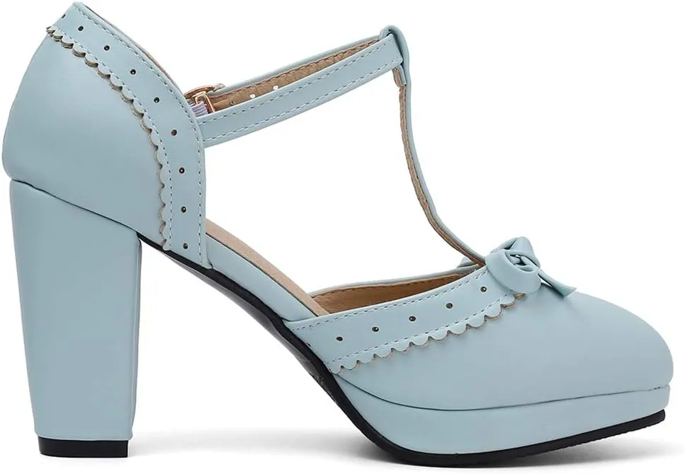 Caradise Womes T Strap Platform Heels Chunky Heeled Mary Janes Heels with Bow Pumps