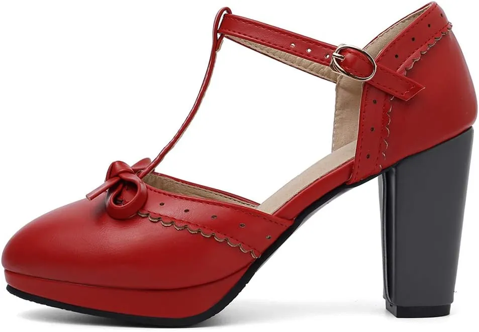 Caradise Womes T Strap Platform Heels Chunky Heeled Mary Janes Heels with Bow Pumps