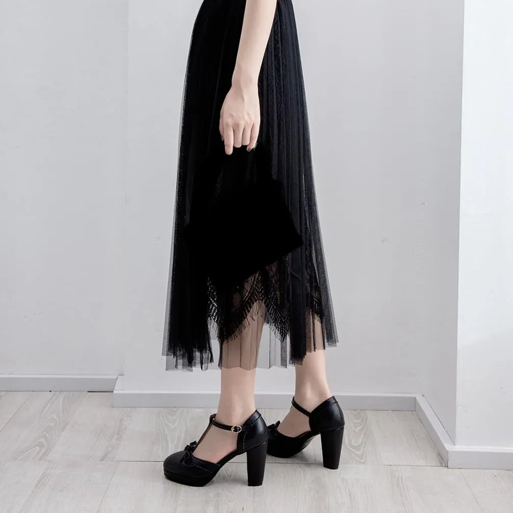 Caradise Womes T Strap Platform Heels Chunky Heeled Mary Janes Heels with Bow Pumps