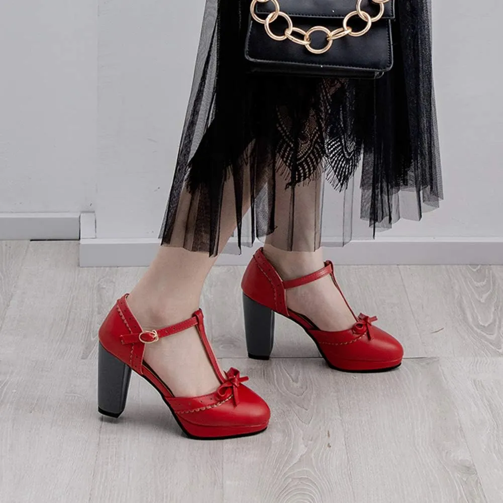 Caradise Womes T Strap Platform Heels Chunky Heeled Mary Janes Heels with Bow Pumps